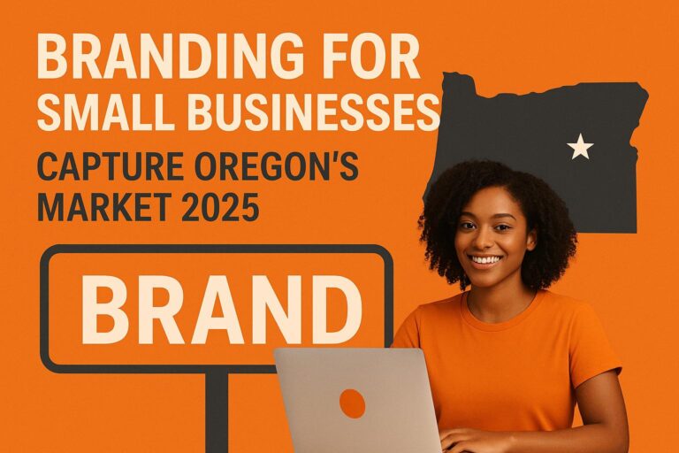 A woman in an orange shirt smiles while using a laptop. Behind her, bold text reads “Branding for Small Businesses: Capture Oregon's Market 2025,” with a map of Oregon and a “BRAND” sign on an orange background.