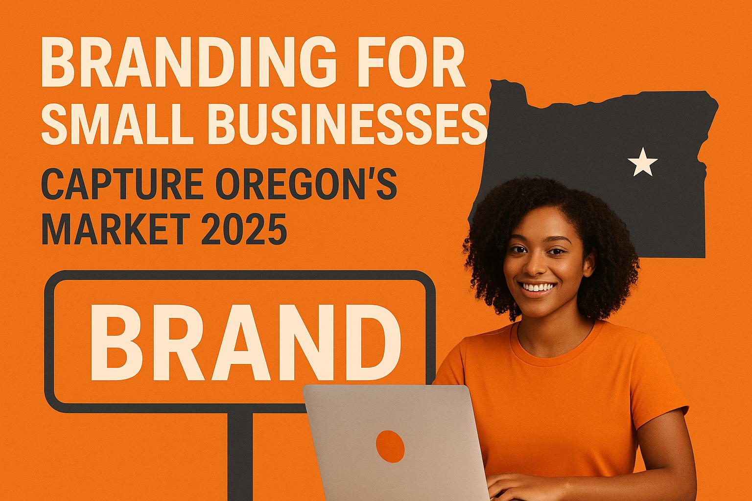 A woman in an orange shirt smiles while using a laptop. Behind her, bold text reads “Branding for Small Businesses: Capture Oregon's Market 2025,” with a map of Oregon and a “BRAND” sign on an orange background.