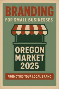 Poster with the text: “Branding for Small Businesses. Oregon Market 2025. Promoting Your Local Brand,” featuring a green market stall with a red and white striped canopy, highlights branding opportunities at the 2025 Oregon market.