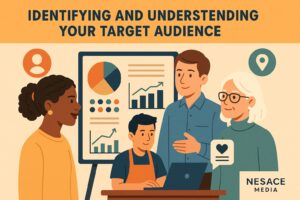 Illustration of four diverse people discussing marketing data with charts and graphs under the title "Identifying and Understanding Your Target Audience." A NESACE Media logo appears in the corner, highlighting branding strategies for small businesses.
