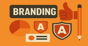 Illustration on branding with a large “BRANDING” label, shields with letter “A,” a pie chart, thumbs-up, business card, and pencil in shades of orange and brown—perfect inspiration for small businesses or any Oregon branding company.