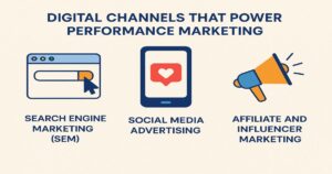Infographic showing three digital channels for performance marketing: SEM with a browser icon, social media advertising with a phone and heart icon, and affiliate and influencer marketing with a megaphone icon to help boost ROI.