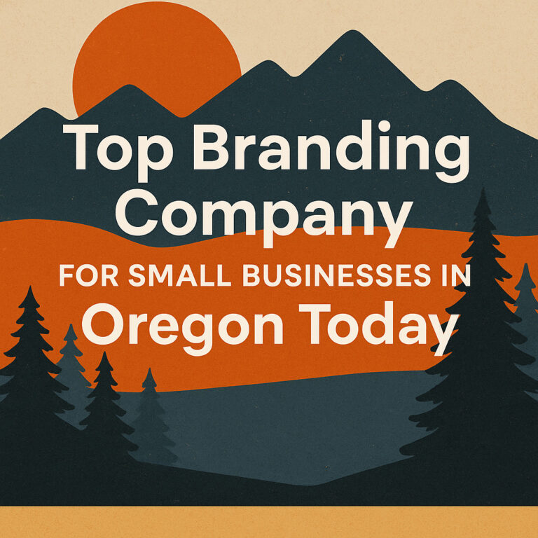 Illustration of Oregon mountains and trees at sunset with text: "Top Branding Company for Small Businesses in Oregon Today.