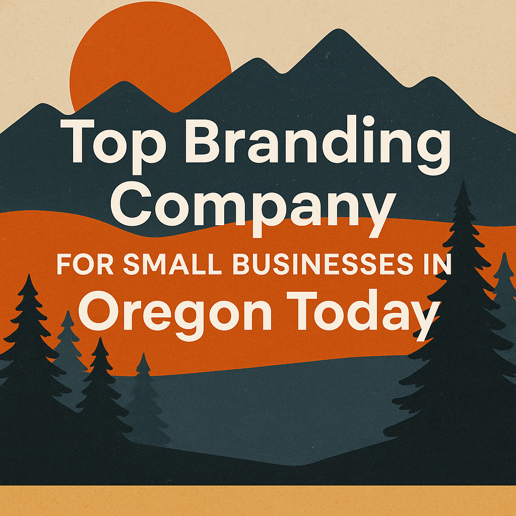 Illustration of Oregon mountains and trees at sunset with text: "Top Branding Company for Small Businesses in Oregon Today.