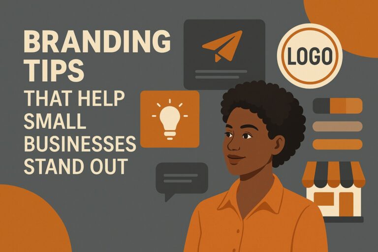 Illustration of a person with short hair surrounded by icons like a paper plane, lightbulb, and shop. Text reads: "Branding tips for small businesses that help you stand out.