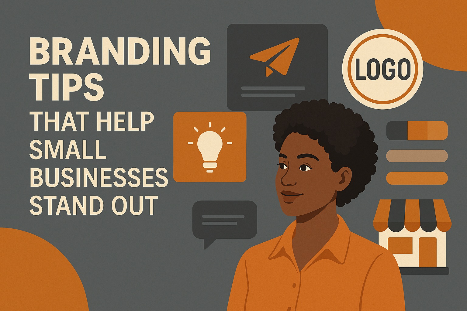 Illustration of a person with short hair surrounded by icons like a paper plane, lightbulb, and shop. Text reads: "Branding tips for small businesses that help you stand out.