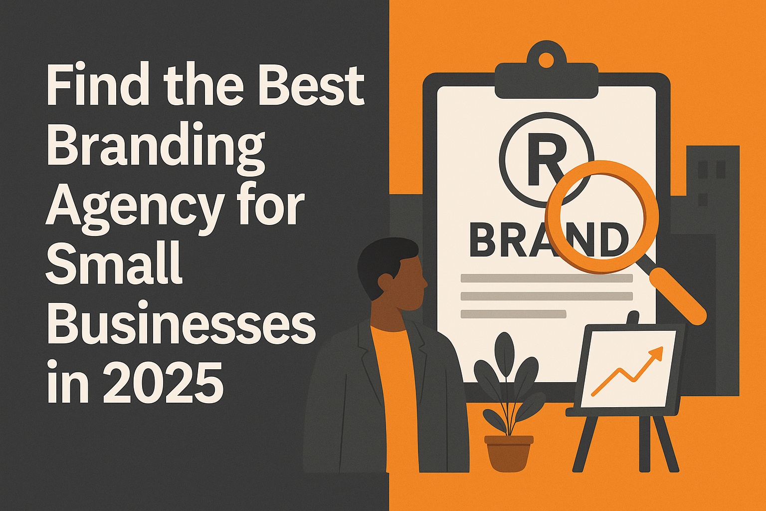 Graphic with the text "Find the Best Branding Agency for Small Businesses in 2025" beside an illustration of a person, a clipboard labeled "BRAND," a magnifying glass, a plant, and a chart showing growth.