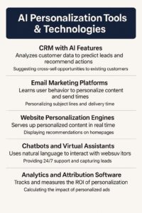 An infographic titled "AI Personalization Tools & Technologies" highlights five tools—ideal for small businesses—to boost ROI: CRM with AI features, email marketing platforms, website personalization engines, chatbots and virtual assistants, and analytics software.