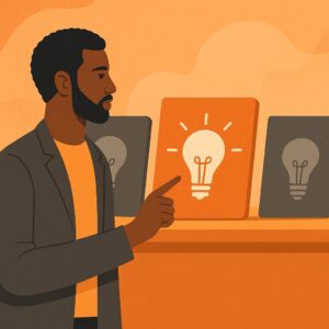 An illustrated man in a suit points at a glowing lightbulb icon on a panel, while two dim icons sit beside it—a striking scene in warm orange and brown, perfect for small businesses aiming to stand out with creative branding tips.