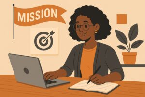 Illustration of a woman with glasses writing in a notebook while working on a laptop. A flag labeled "Mission" and a target symbol hint at branding tips for small businesses, with a potted plant on a shelf nearby.