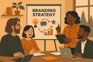 Four people sit around a table with laptops and notebooks, discussing branding tips for small businesses shown on a presentation board with icons of a lightbulb, chat bubble, star, and growth chart. One person stands, holding a tablet.