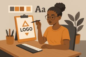 A woman wearing glasses designs a logo on a clipboard at her desk, surrounded by pencils, a keyboard, and a plant. Branding tips and color swatches appear on the wall behind her to help small businesses stand out.