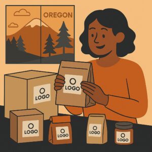Illustration of a person packing branded boxes and bags at a table, with an Oregon landscape poster featuring a mountain and trees on the wall—perfect for small businesses looking to enhance growth with smart branding tips.