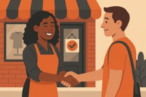 A smiling shopkeeper wearing an orange apron shakes hands with a customer outside a store with a striped awning and a checkmark sign, showing how small businesses can stand out in their community.