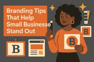 Illustration of a smiling woman holding a pencil and a "B" card, surrounded by branding elements. Text reads: "Branding Tips That Help Small Businesses Stand Out." Perfect for small businesses seeking effective branding tips. Palette: orange, black, and white.