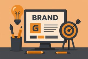 A computer monitor displaying "BRAND" stands on a desk with pencils, paintbrushes, a cup, a lightbulb, and a target with an arrow, symbolizing branding and creativity for small businesses or a forward-thinking branding agency in 2025.