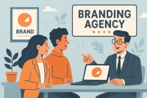 Illustration of two clients meeting with a business professional in an office. The man in a suit gestures while sitting at a desk with a laptop. Signs read “BRANDING AGENCY” and “BRAND.” Perfect setting for small businesses planning for 2025.