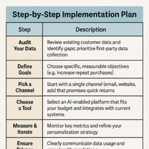 A table titled "Step-by-Step Implementation Plan" lists five steps with descriptions: Audit Your Data, Define Goals, Pick a Channel, Choose a Tool, Measure & Ensure ROI—each outlining actions for small businesses and focusing on AI Personalization.