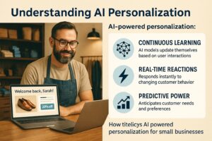 A man wearing glasses and an apron sits at a table with a laptop displaying a personalized shoe ad and welcome message. Text highlights AI Personalization for small businesses, offering continuous learning, real-time reactions, and improved ROI.