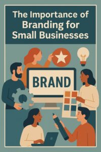 Illustration of five people working together on branding, with a large computer screen displaying "BRAND." Features like a color palette, gear, and lightbulb emphasize business growth for Oregon small businesses.
