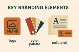 A graphic titled "Key Branding Elements" spotlights three icons—a mountain logo, color swatches, and business collateral—showcasing how a branding package can boost Oregon small business growth.