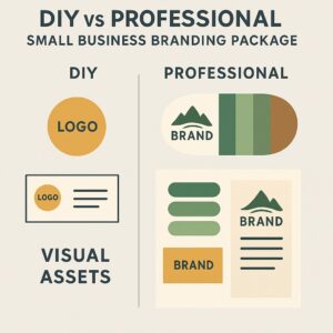 Comparison chart showing "DIY" branding with a simple logo and business card, versus "Professional" branding and a cohesive Branding Package—highlighting how strong visuals can drive Oregon Small Business success and business growth.