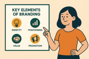 Illustration of a woman pointing to a board titled “Key Elements of Branding” with four icons labeled: Identity, Positioning, Value, and Promotion—each symbolizing an essential element for Oregon small business growth.