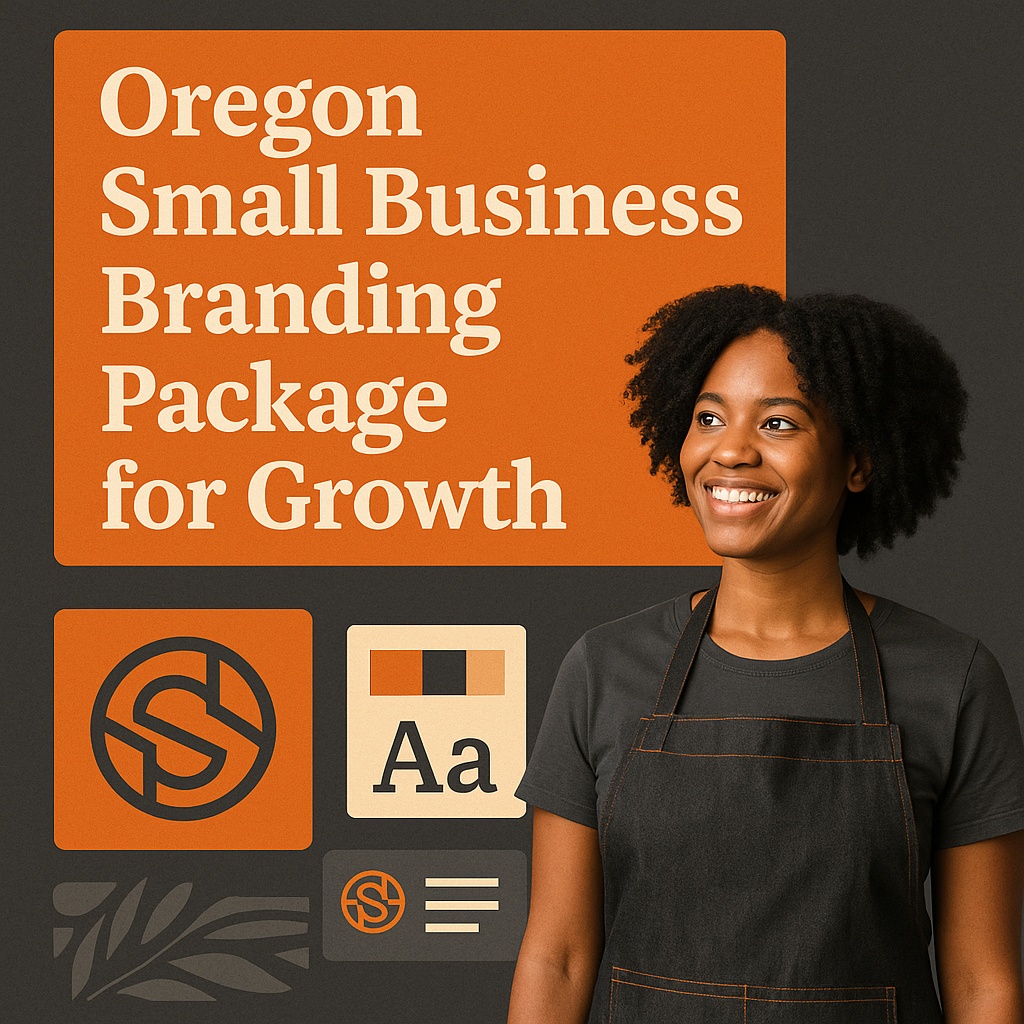 A smiling woman in a black apron stands beside text reading "Oregon Small Business Branding Package for Growth," with branding package icons and design elements in orange, beige, and black on a dark background, highlighting business growth.