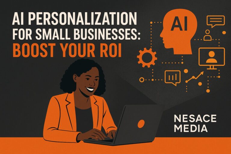 A woman in an orange blazer smiles while using a laptop. Text reads, "AI Personalization for Small Businesses: Boost Your ROI." Graphic icons and the words "NESACE MEDIA" appear on a dark background, highlighting the power of AI personalization.