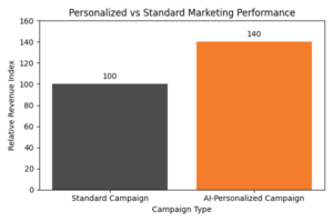 Bar chart comparing marketing performance: Standard Campaign has a relative revenue index of 100, while AI-Personalized Campaign—leveraging AI Personalization—achieves a higher index of 140, boosting ROI for Small Businesses.