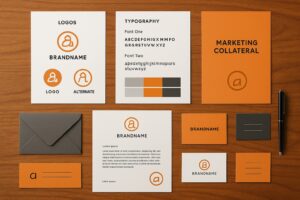 A flat lay of orange, white, and gray branded marketing materials on a wooden surface showcases a complete branding package for small businesses in Oregon, including letterhead, business cards, envelopes, and logo samples labeled "BRANDNAME.