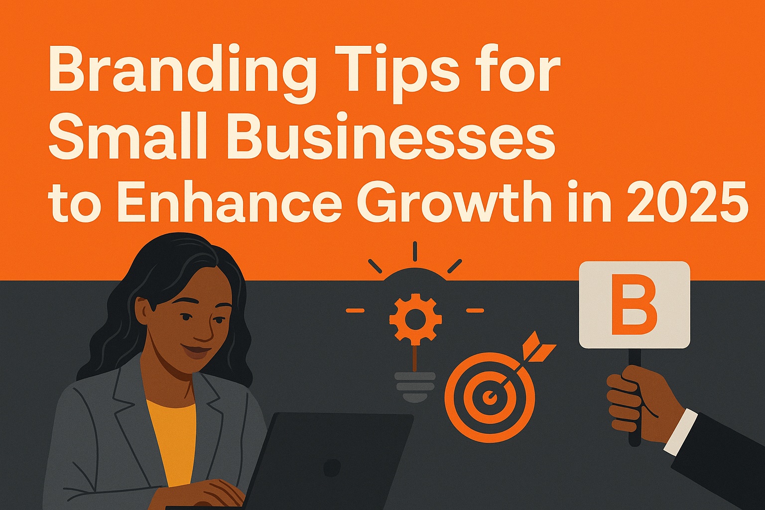 Illustration of a woman working on a laptop, with icons of a gear and target, and a hand holding a "B" card. The text reads, "Branding Tips for Small Businesses to Enhance Growth in 2025.