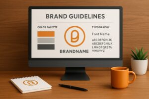 A computer monitor displays a branding package with color palette, typography, and logo—ideal for small businesses in Oregon. On the desk are a notebook, pen, orange mug, and plant, all neatly arranged on a wooden surface.