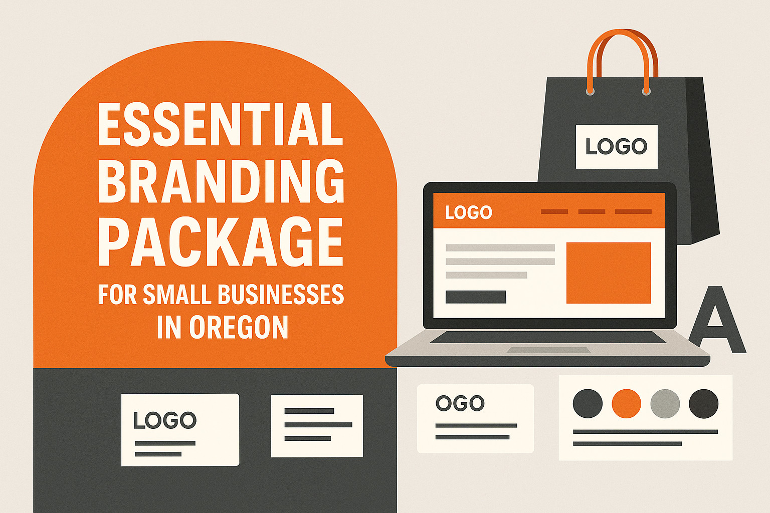 Illustration promoting an essential branding package for small businesses in Oregon, featuring a laptop, shopping bag, business cards, logo samples, and a color palette—all labeled "LOGO".