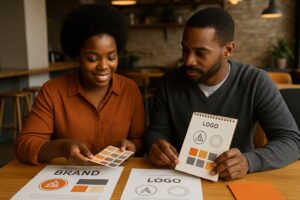 Two people sit at a table in Oregon, discussing a Branding Package perfect for small businesses. They smile while reviewing logo designs and color swatches labeled "BRAND" and "LOGO" with orange, gray, and black graphics.