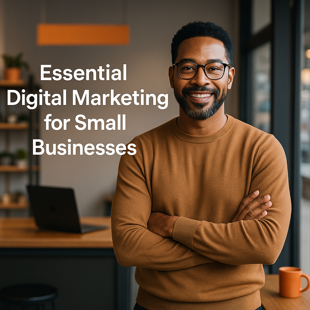 Black small-business owner in a modern storefront with subtle orange and charcoal accents; hero image for ‘Essential Digital Marketing for Small Businesses