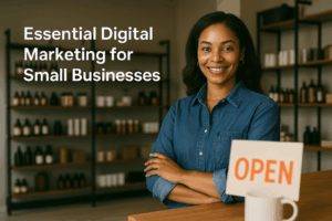 A smiling woman stands in her shop with folded arms next to an "OPEN" sign. Shelves of products are in the background. Text on the image reads: "Essential Digital Marketing Strategies for Small Businesses.
