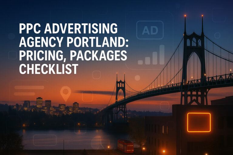 A city skyline at sunset featuring a prominent bridge, with the text "PPC Advertising Agency Portland: Pricing, Packages Checklist" overlaid; digital marketing icons float subtly, highlighting a leading PPC advertising agency Portland.
