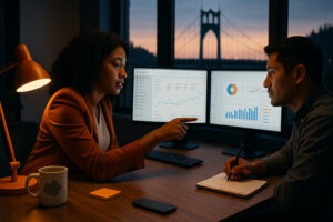 African American PPC strategist and colleague reviewing ad performance dashboards at dusk with St. Johns Bridge visible outside.