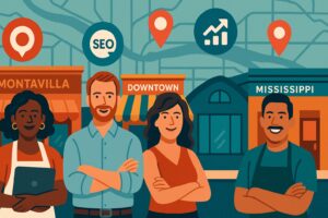 Illustration of four diverse business owners standing before shops labeled Montavilla, Downtown, and Mississippi in Portland, with location pins, an SEO icon, and a graph symbol overhead—highlighting the role of Local SEO companies in 2025 local business marketing.