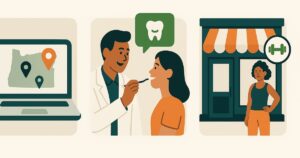 An illustrated collage shows a map on a laptop, a dentist examining a patient, and a woman outside a storefront with a dumbbell sign, highlighting healthcare and fitness services in Portland and the importance of Local SEO.