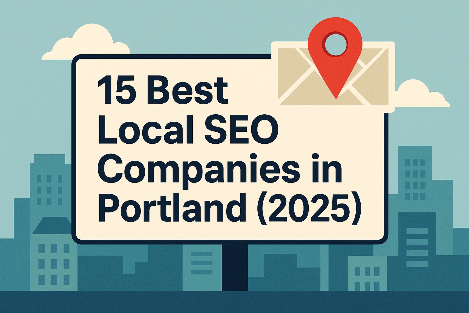 A billboard in a cityscape reads “15 Best Local SEO Companies in Portland (2025)” with an envelope and red location pin graphic, highlighting top SEO companies serving the Portland area.