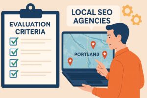 Illustration of a person holding a laptop with a map of Portland and location markers, next to a clipboard titled "Evaluation Criteria" with checkmarks, and a speech bubble reading "Best Local SEO Portland.