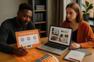 Two people sit at a desk working on smart branding for small businesses—one holds a color chart and design elements while the other reviews design samples on a laptop. A notepad with sketches lies on the table, reflecting trust in their creative process.