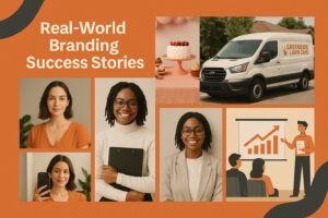 A collage featuring four women, a van labeled "Greenside Lawn Care," a cake display, and an illustrated man presenting a chart, with the text "Real-World Branding Success Stories"—inspiring small businesses with smart branding tips on an orange background.