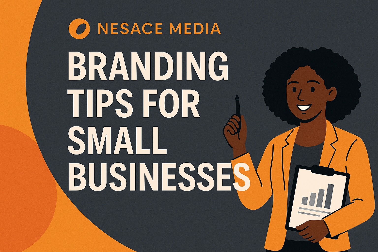 Illustration of a woman in a blazer holding a clipboard with a graph, beside large text reading "Branding Tips for Small Businesses" with branding strategies highlighted and the Nesace Media logo on an orange and gray background.
