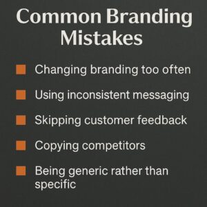 A dark background image lists "Common Branding Mistakes": changing branding too often, using inconsistent messaging, skipping customer feedback, copying competitors, and being generic—key pitfalls small businesses should avoid for smart branding and building trust.