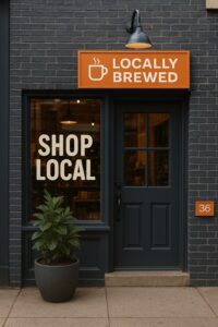 A storefront with dark brick walls displays a "LOCALLY BREWED" sign above the door and "SHOP LOCAL" on the window—perfect branding tips for small businesses aiming to stand out. A potted plant sits in front, and the building number 36 is visible.