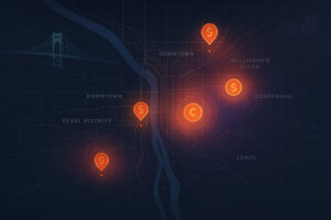 A dark map with highlighted neighborhoods and five glowing orange map markers, each displaying a dollar sign, showcases key financial locations in areas like Downtown, Pearl District, and Sullivan's Gulch—perfect for a PPC advertising agency Portland strategy.