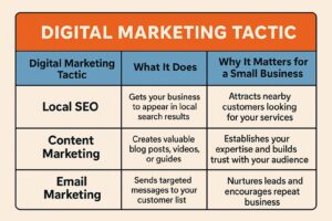 Table titled "Digital Marketing Tactic" outlining Local SEO, Content Marketing, and Email Marketing, their benefits, and importance for small businesses—perfect for those seeking effective Small Business Marketing Tips.